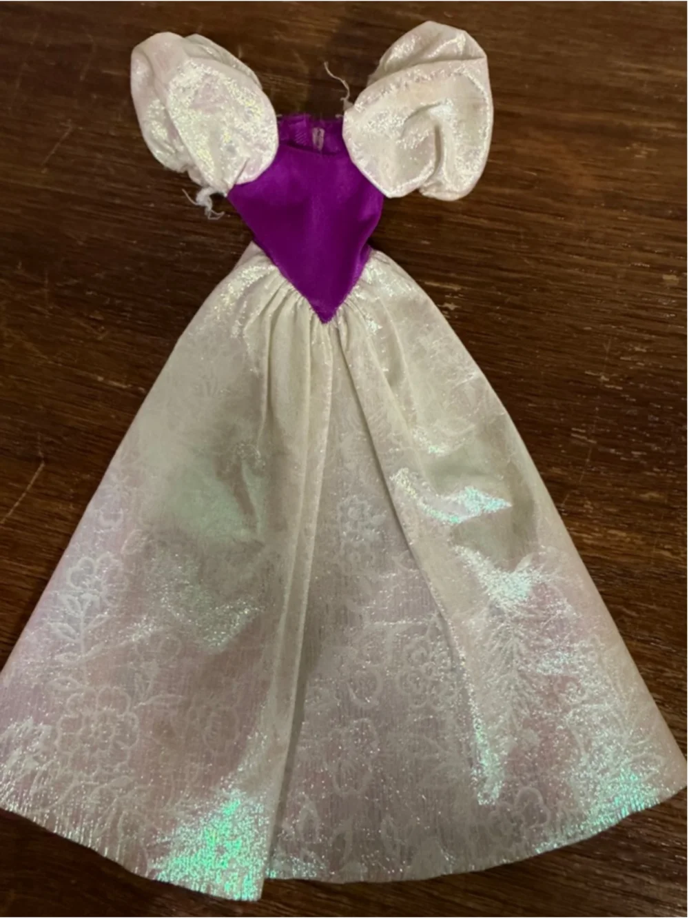 Vintage Barbie Dress Iridescent Cream Purple Puff Sleeve Party Gown 1980s 1990s